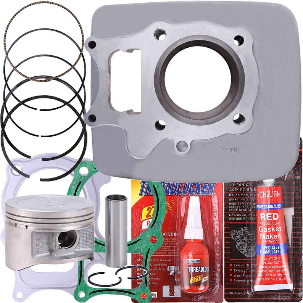 Metal cylinder base plate with bolt holes, shown with gasket and piston kit components