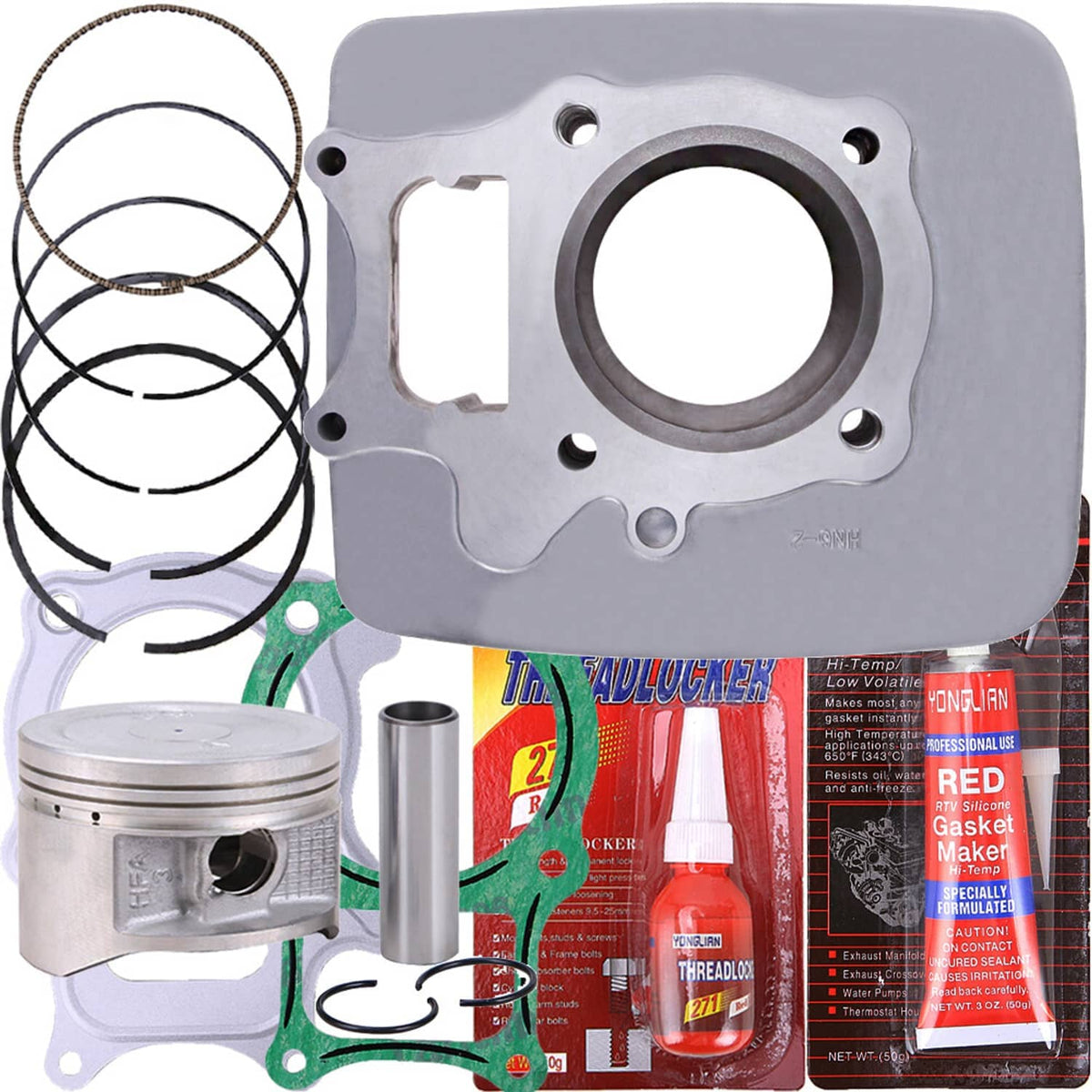 Metal cylinder base plate with bolt holes, shown with gasket and piston kit components