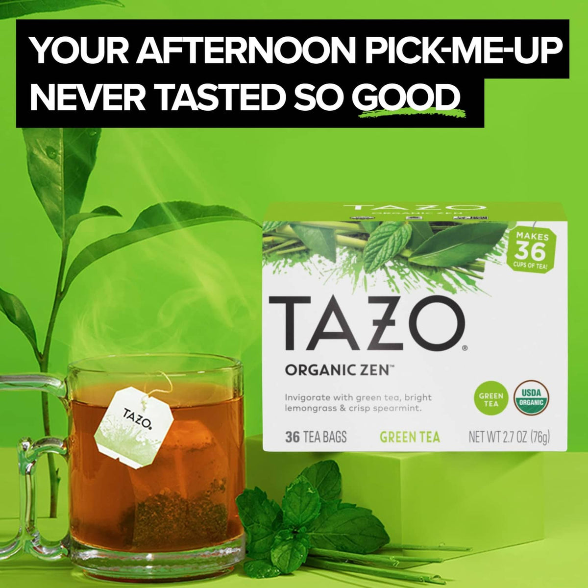 TAZO Organic Zen green tea boxes with a glass tea cup and tea bag tag