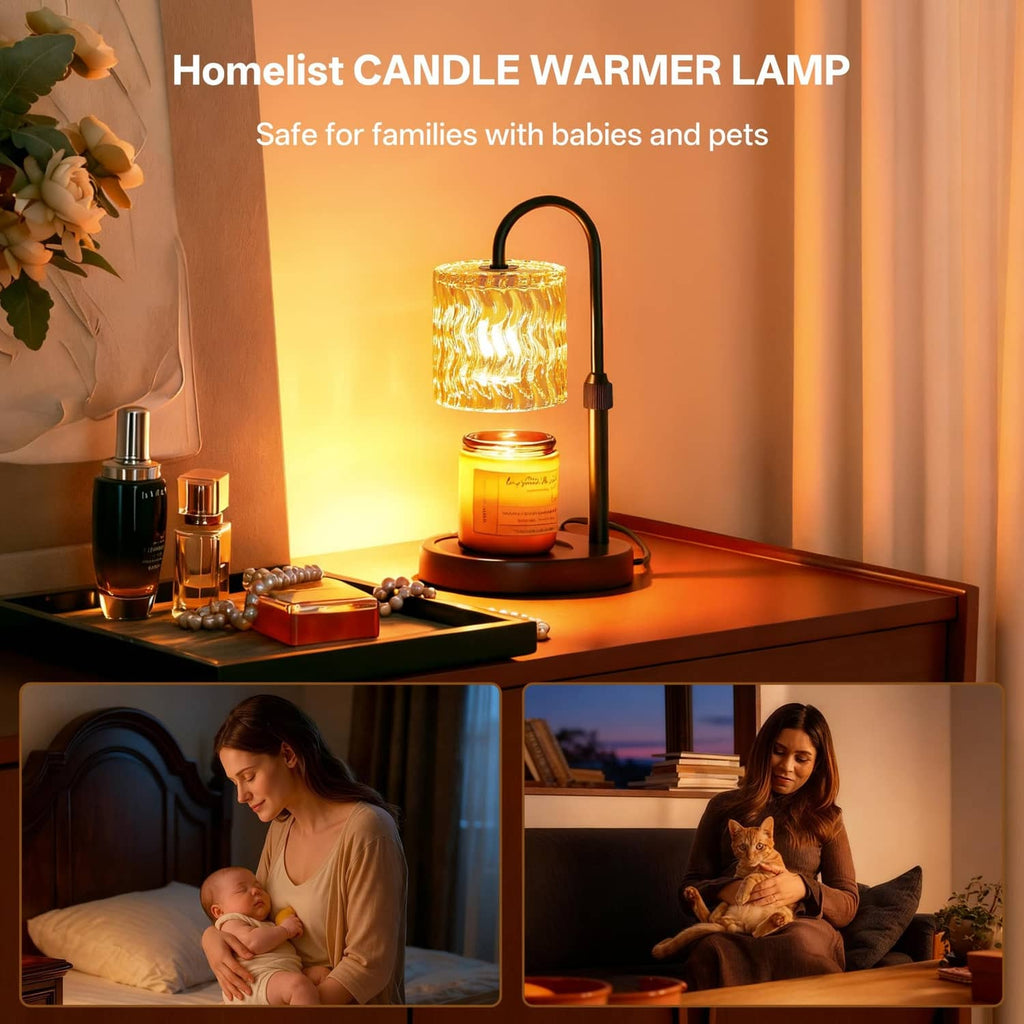 Black candle warmer lamp holding a glass-jar candle under a glowing lantern shade