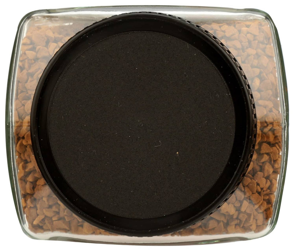 Bottom view of dark-roast instant coffee jar with black circular base