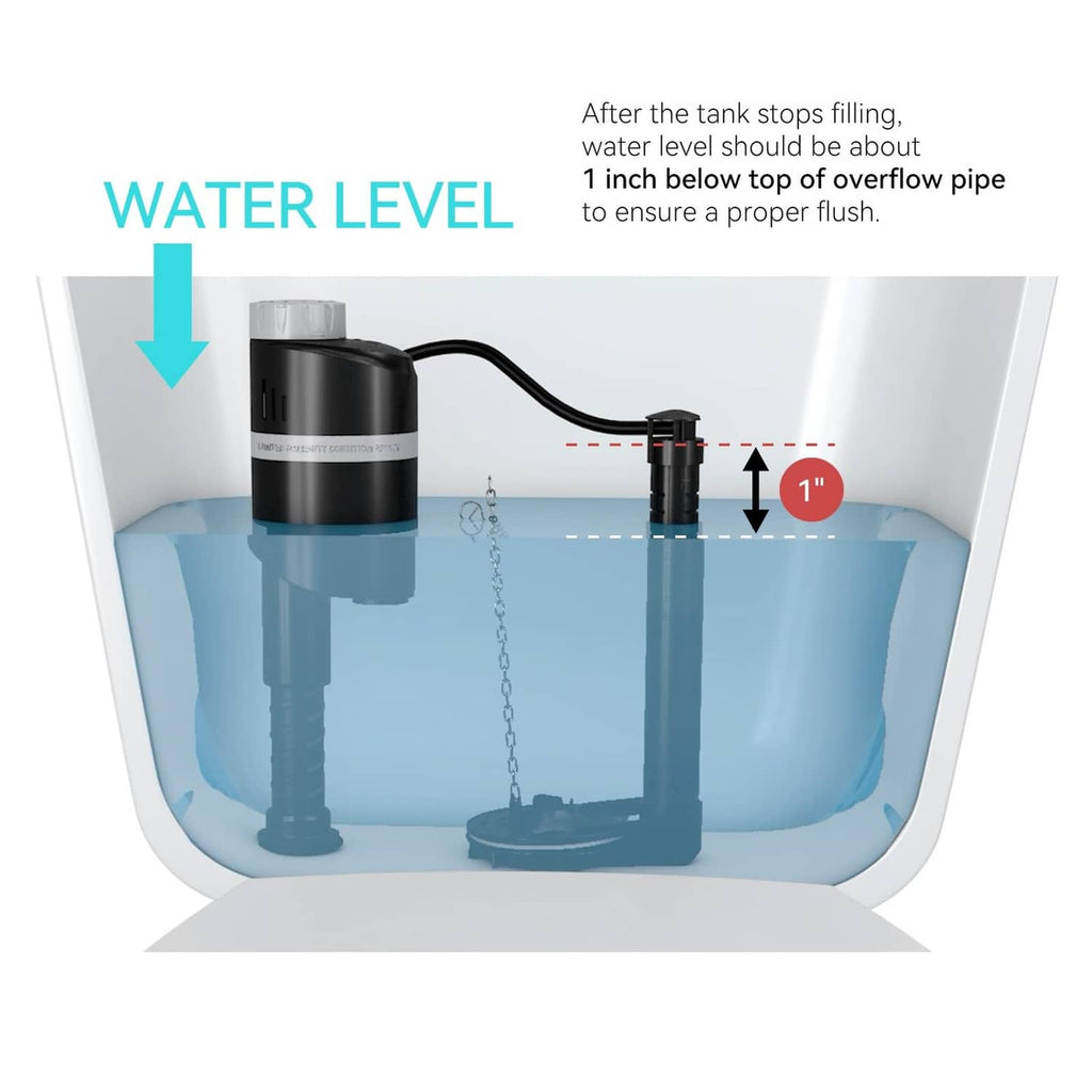 Quiet toilet fill valve with water level guide showing tank fill position