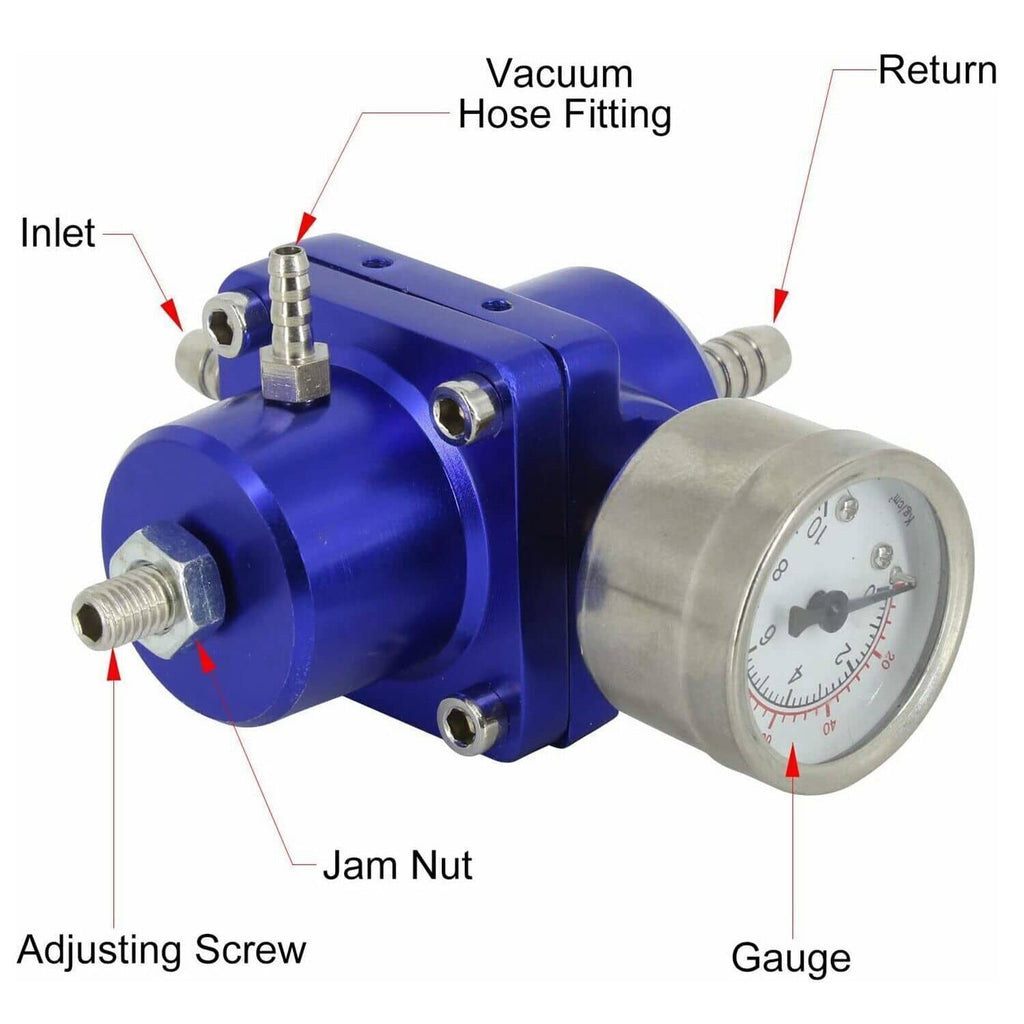 Blue fuel pressure regulator with gauge, vacuum hose fittings, and inlet/return ports