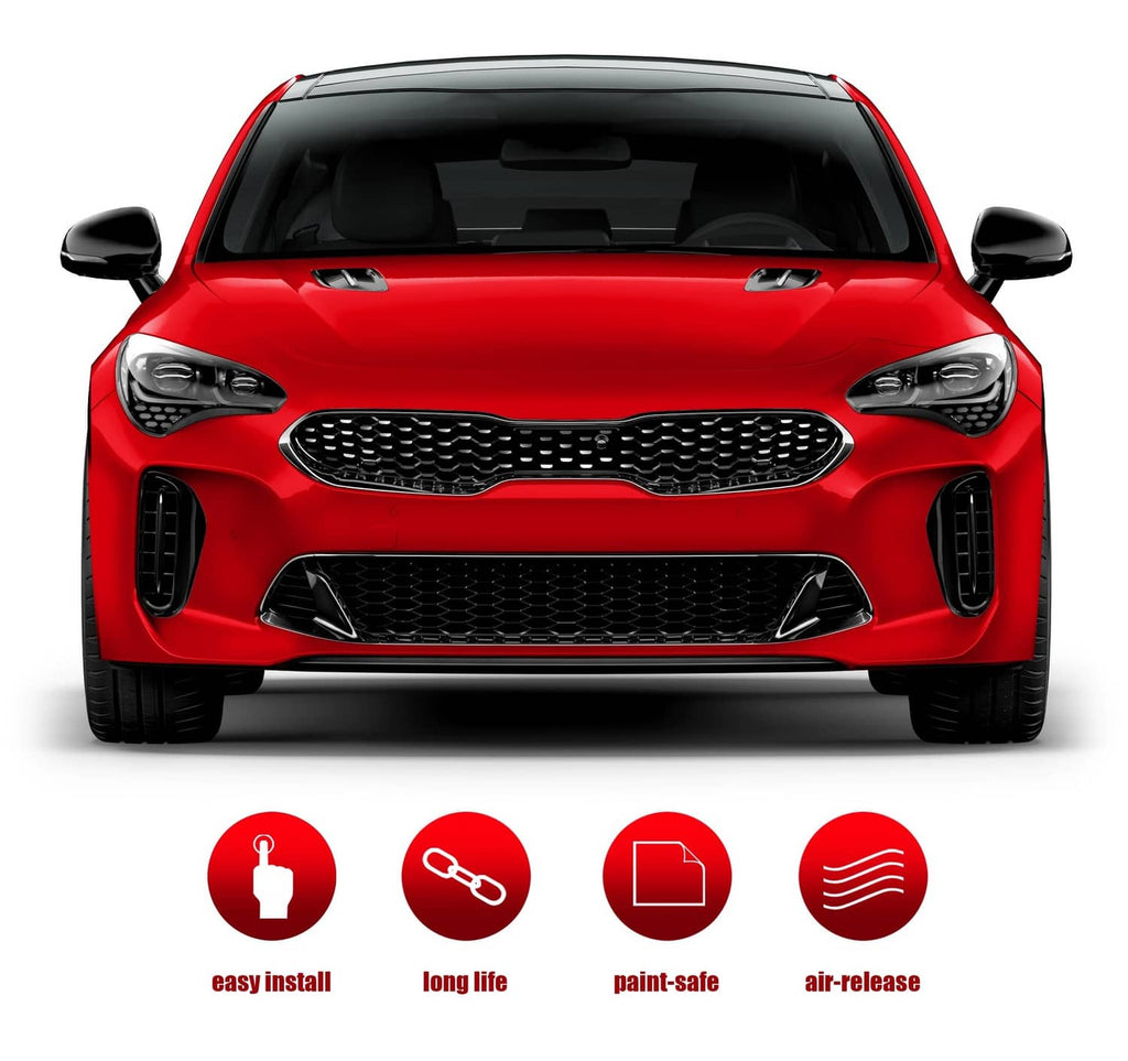 Red gloss vinyl wrapped car front with grille, headlights, and hood