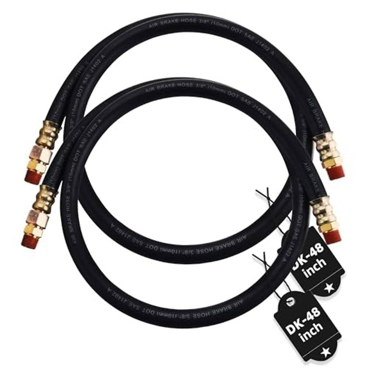 48-inch air brake hose 2-pack, black hoses with brass fittings and DK-48 end labels