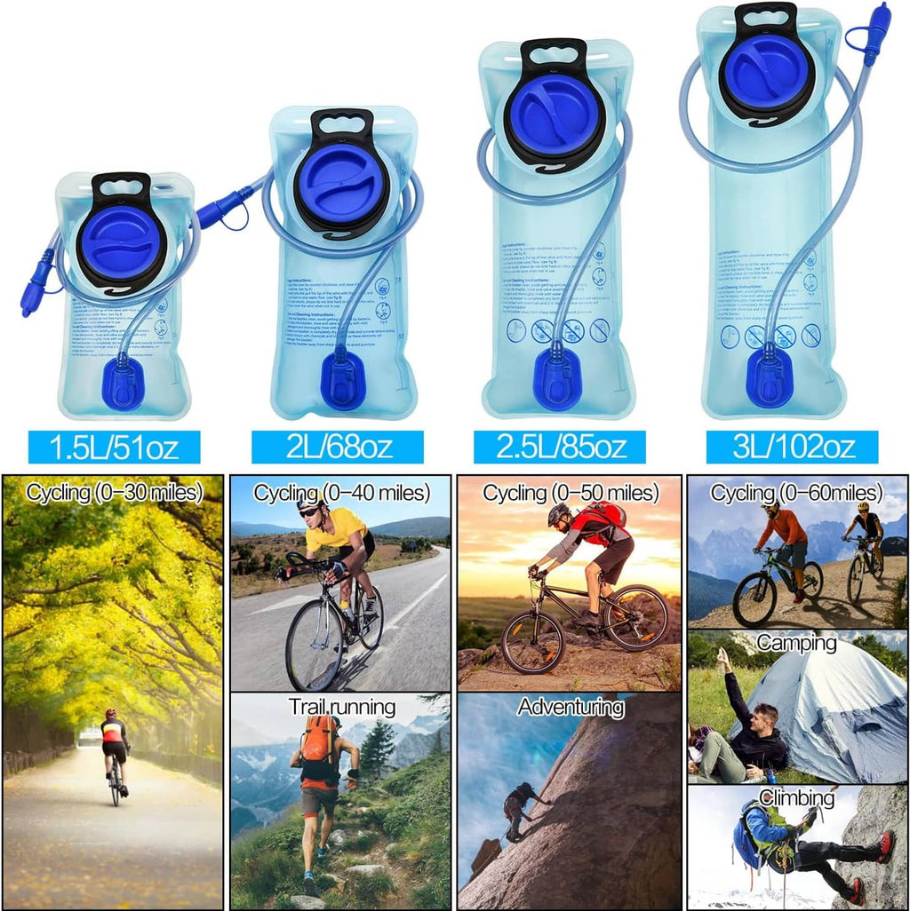 Light blue hydration bladder with large opening, blue valve cap, and drinking hose