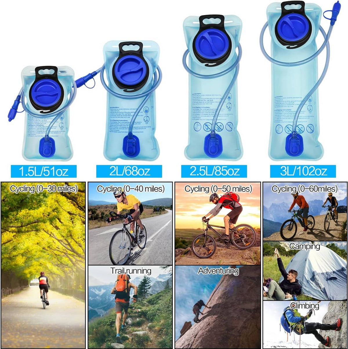 Light blue hydration bladder with large opening, blue valve cap, and drinking hose