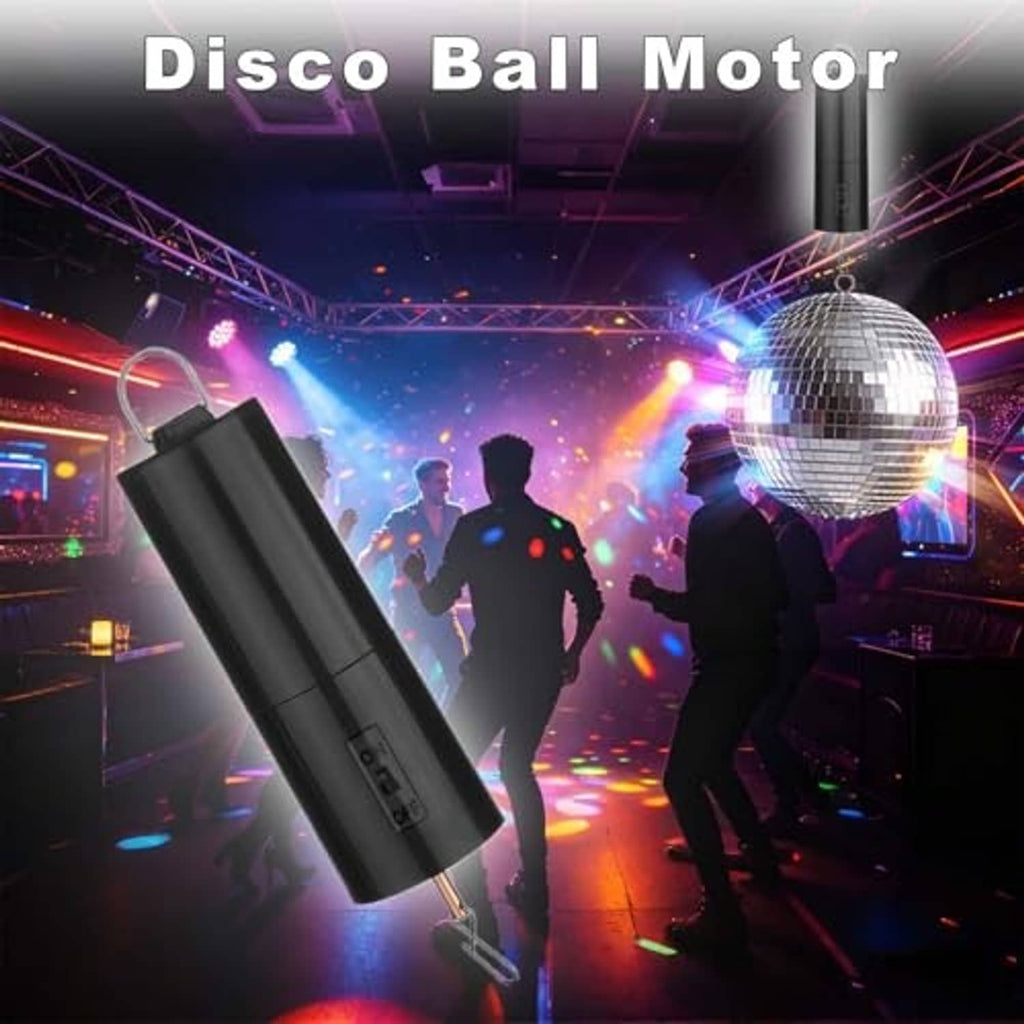 Black hanging motor with mirror disco ball spinning lights