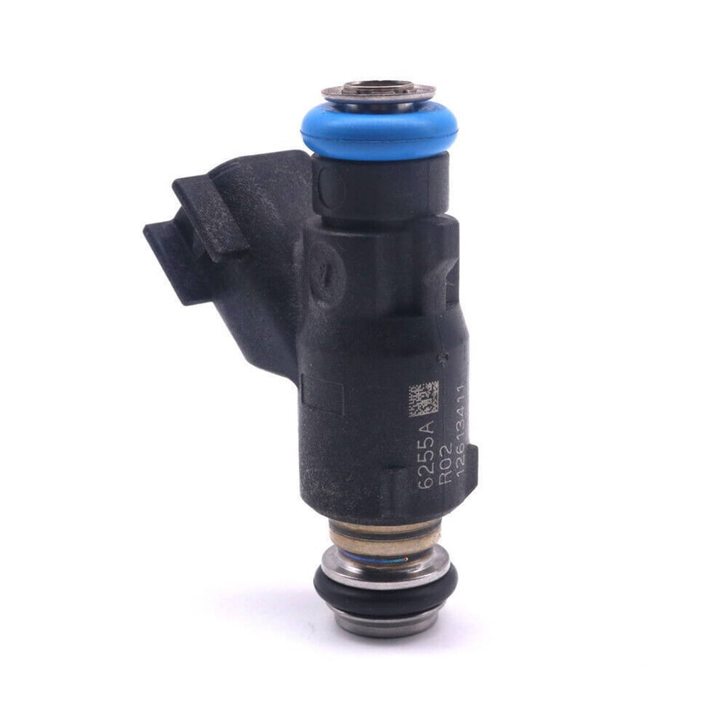 Black fuel injector with blue top seal and metal fuel outlet nozzle