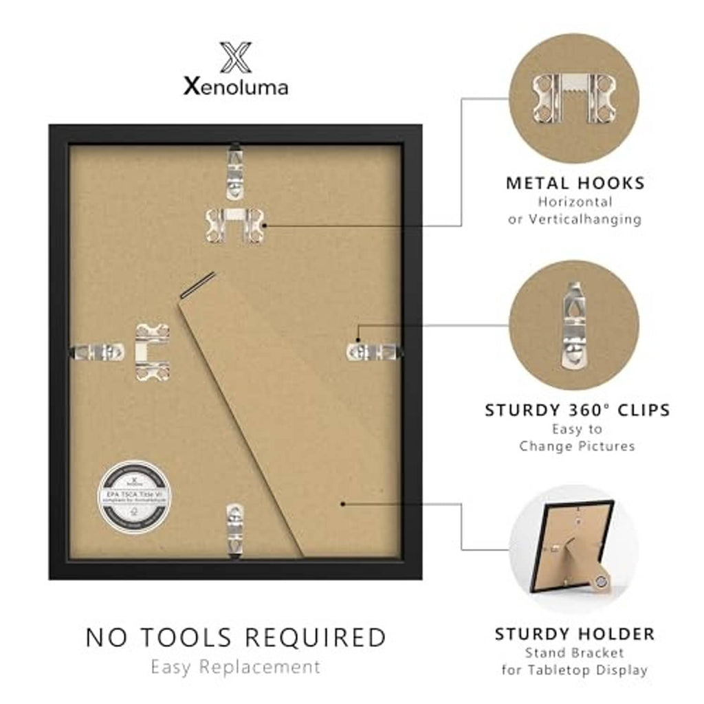 Black picture frame back with metal hooks and sturdy clips, no tools required.