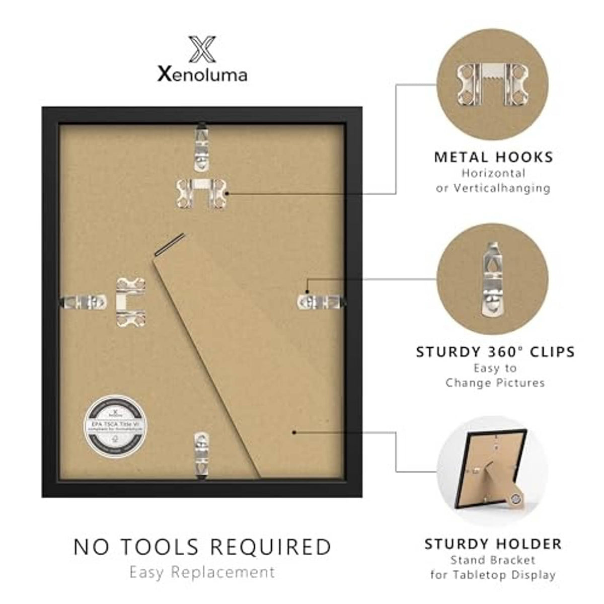 Black picture frame back with metal hooks and sturdy clips, no tools required.