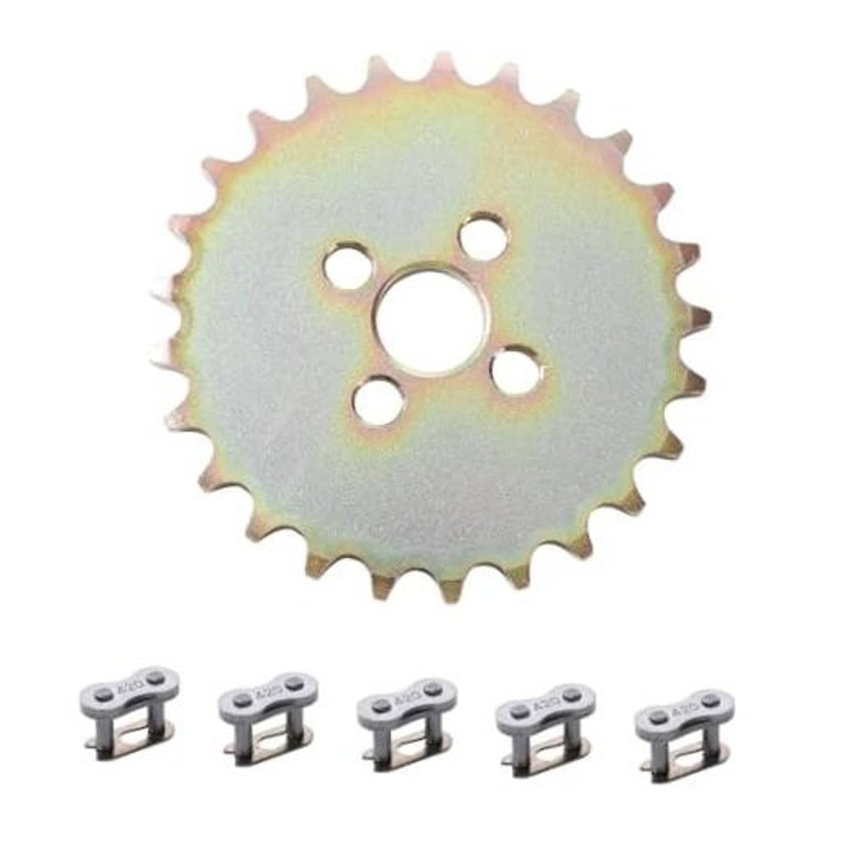 25-tooth 420 front sprocket replacement with mounting holes, rainbow zinc finish