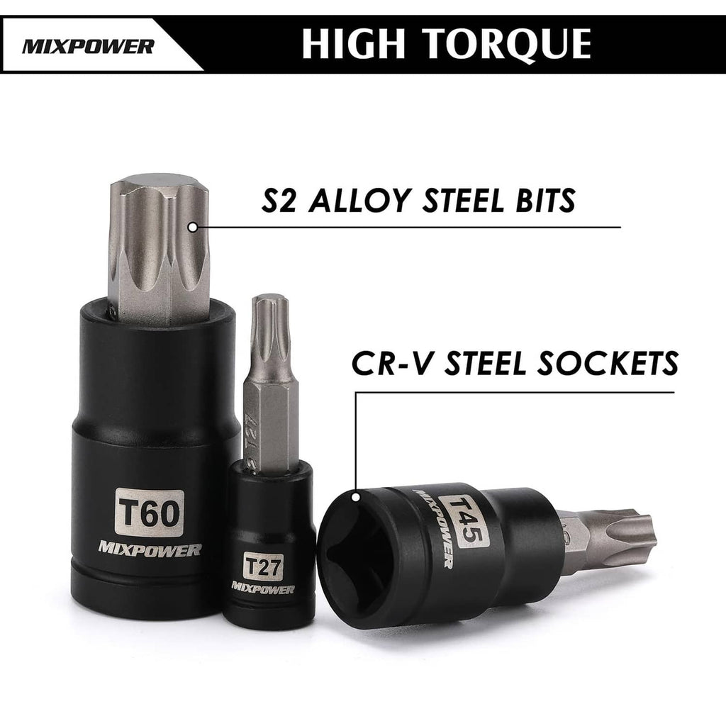 Black Torx bit sockets and steel bits, showing T60, T27, T45 sizes in set