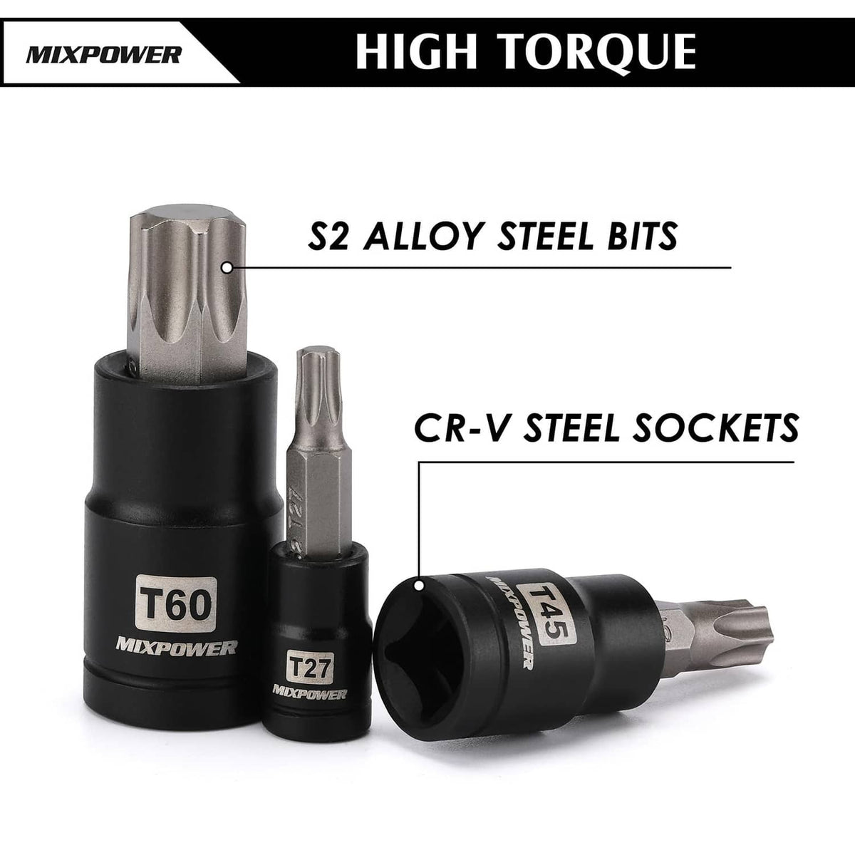 Black Torx bit sockets and steel bits, showing T60, T27, T45 sizes in set
