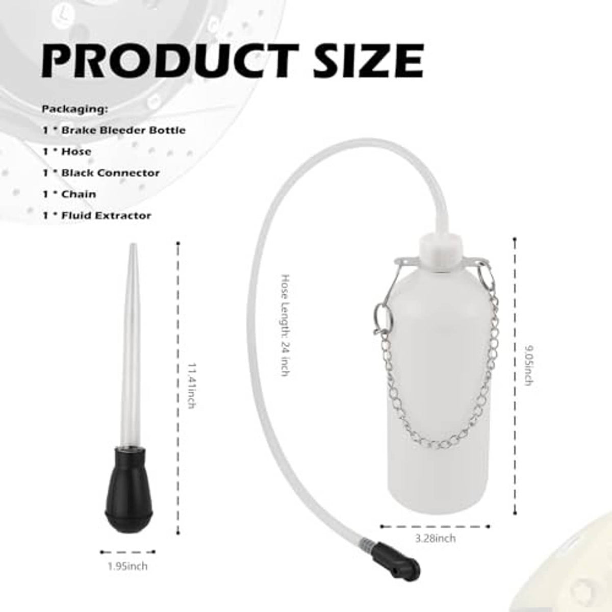Brake bleeder bottle size diagram with clear hose, chain, and fluid extractor