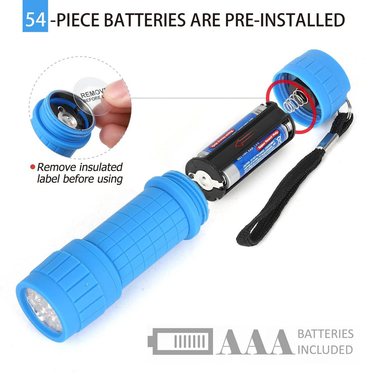 Blue LED mini flashlight with wrist strap and visible battery compartment