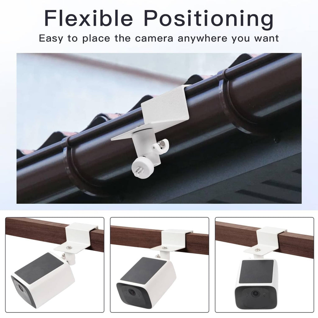 White gutter mount bracket with flexible positioning on a roof gutter