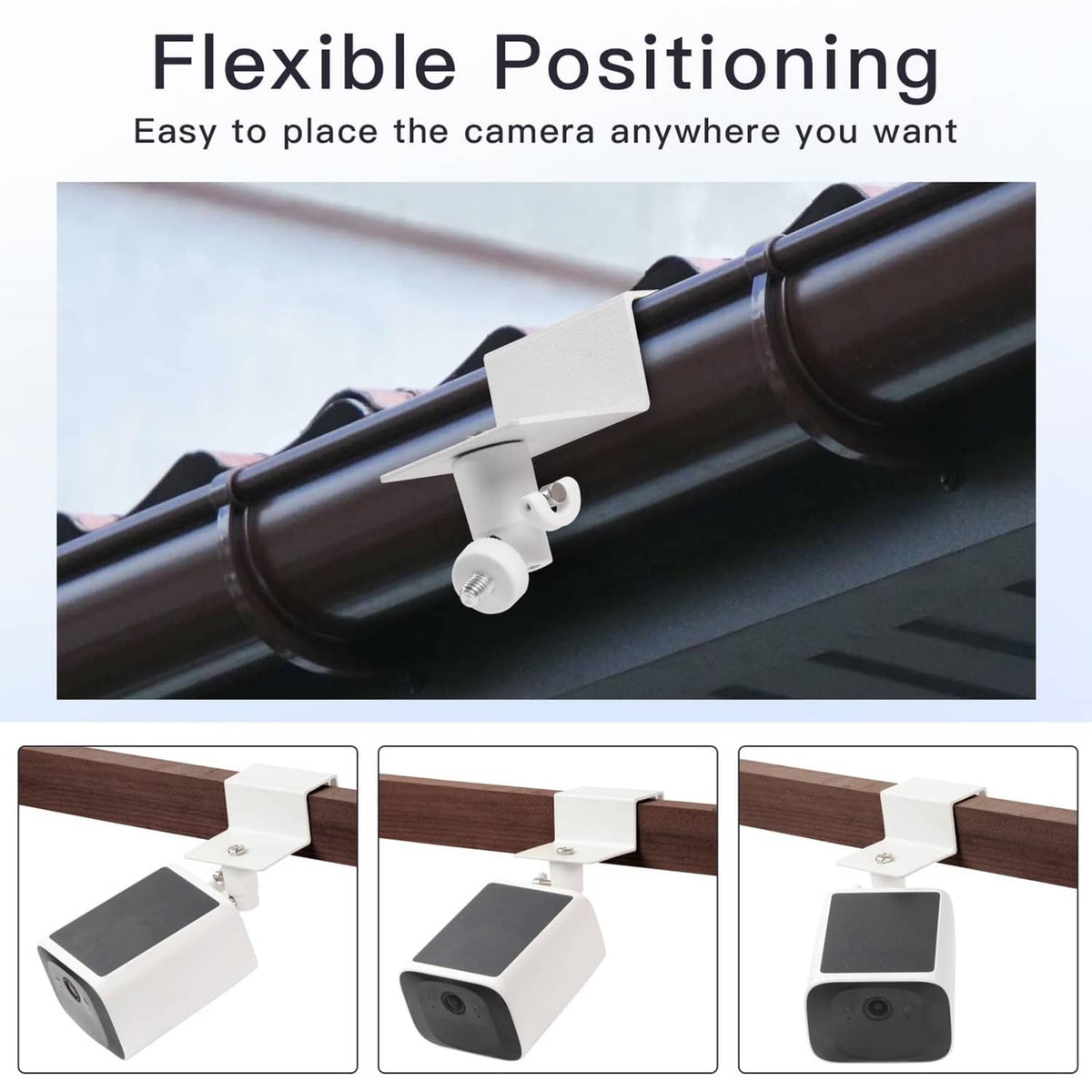 White gutter mount bracket with flexible positioning on a roof gutter