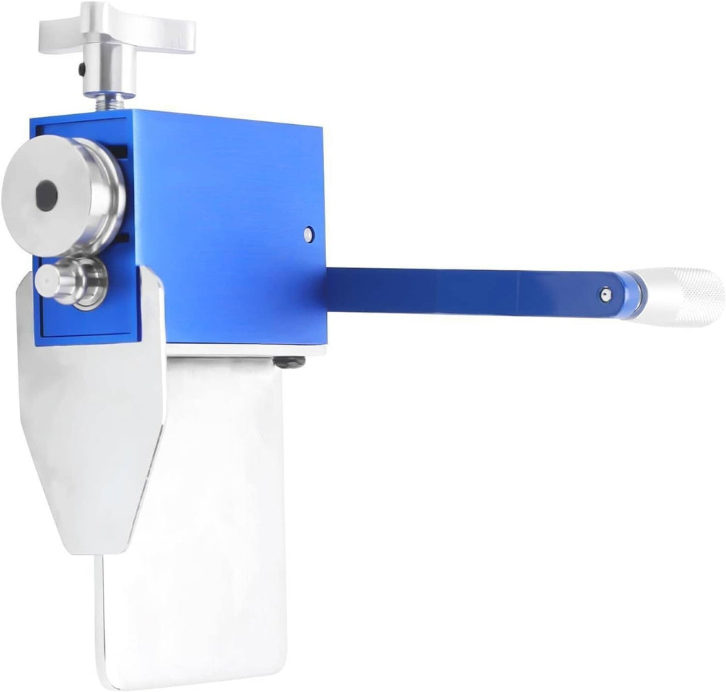 Tube pipe beader tool with blue housing, roller head, and white handle