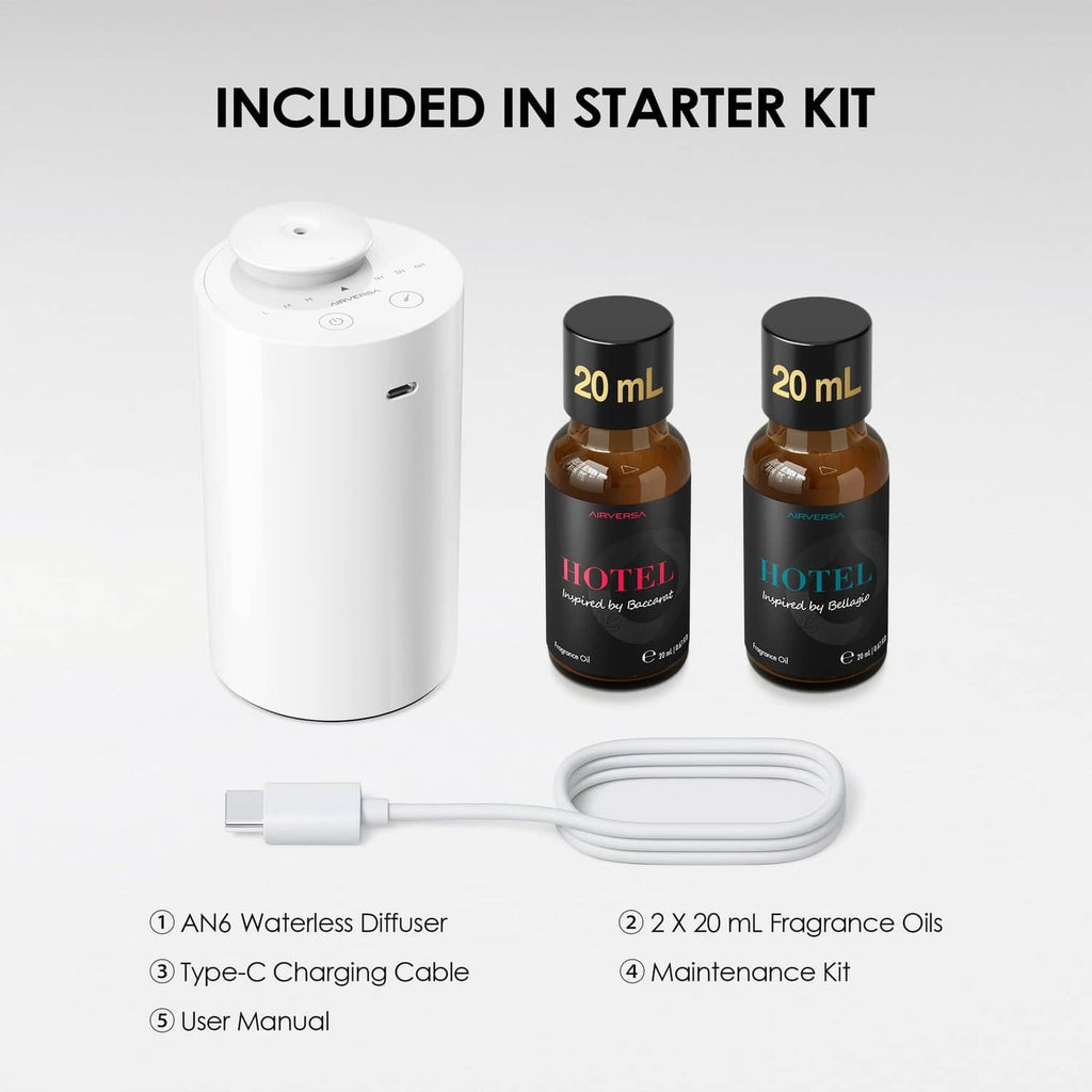 Waterless essential oil diffuser starter kit with two 20 mL oils and charging cable