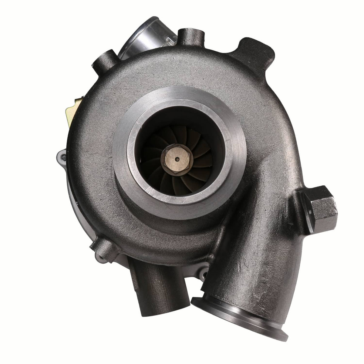 Turbocharger with front turbine wheel and surrounding cast housing fins