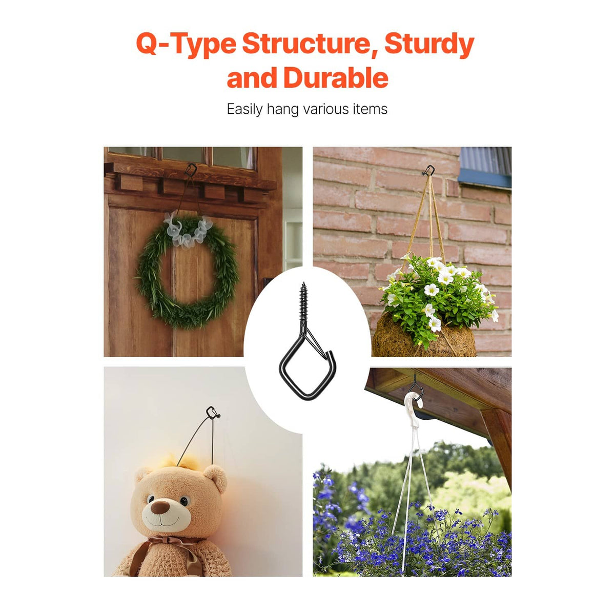 Black Q-type screw hooks for hanging items on doors, walls, or beams