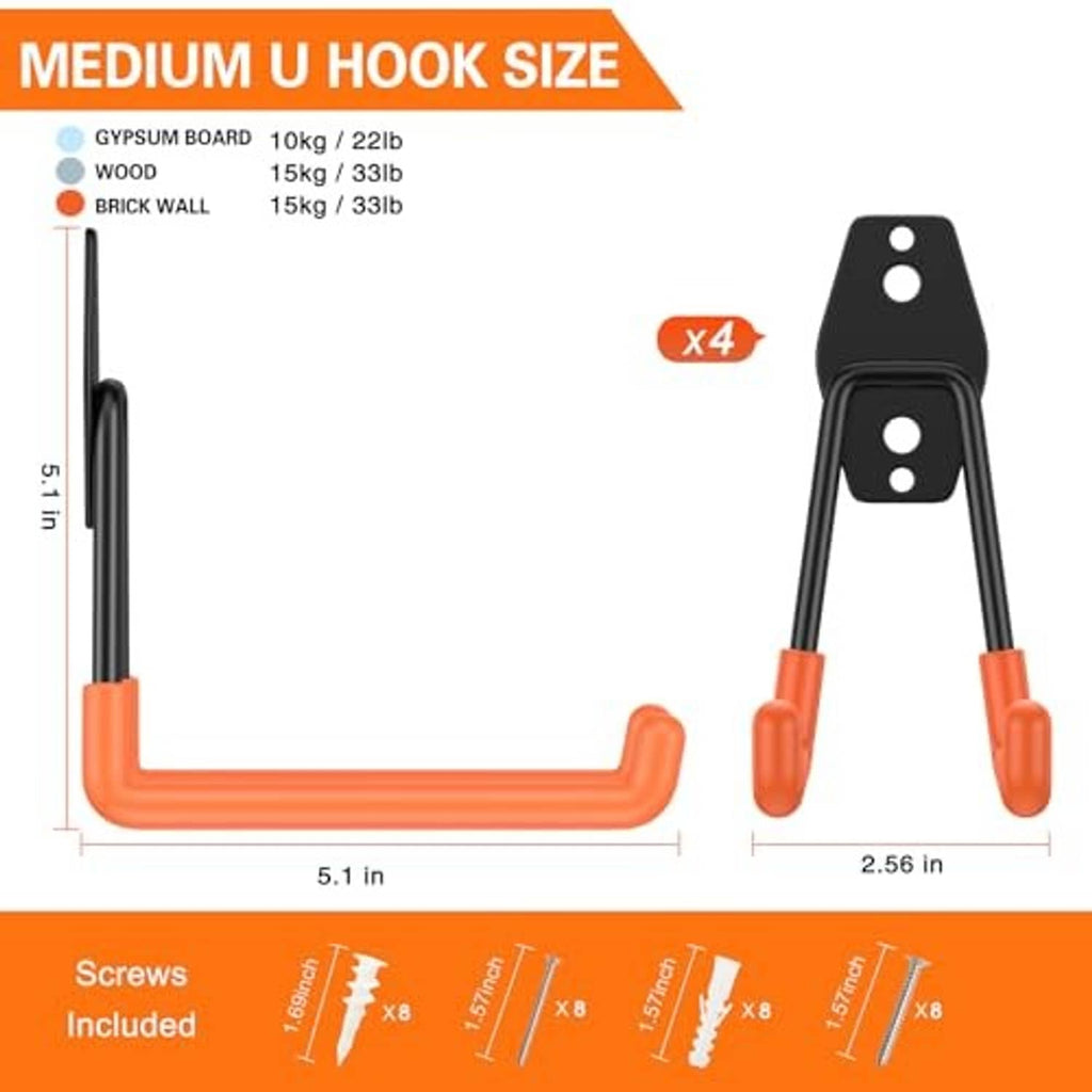 Medium orange U-hook garage wall hook with black mounting plate, 5.1 in.