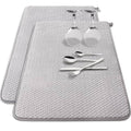 Gray microfiber dish-drying mat, two-pack; rectangular gray mats with stitched edge loops.