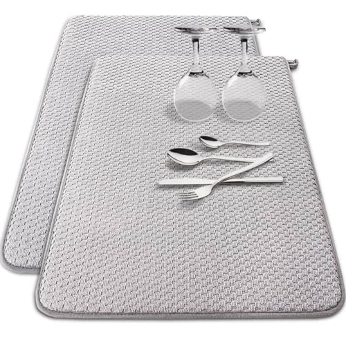 Gray microfiber dish-drying mat, two-pack; rectangular gray mats with stitched edge loops.