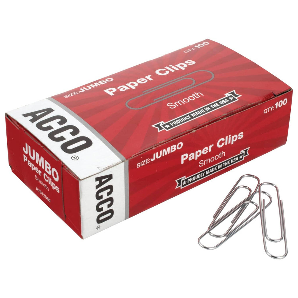 Jumbo silver smooth paper clips, loose clips beside 100-count box
