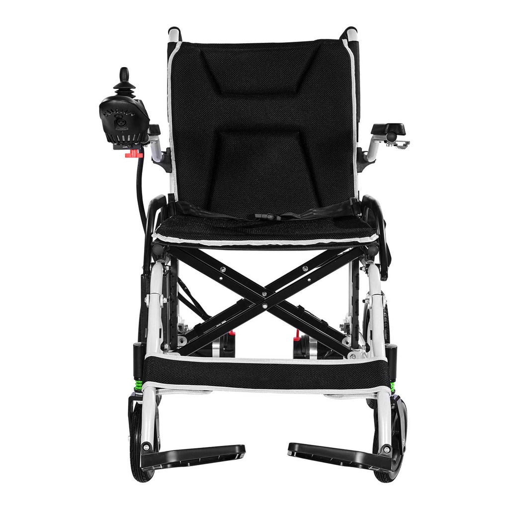 Electric folding mobility wheelchair with black seat and arm controls, front view