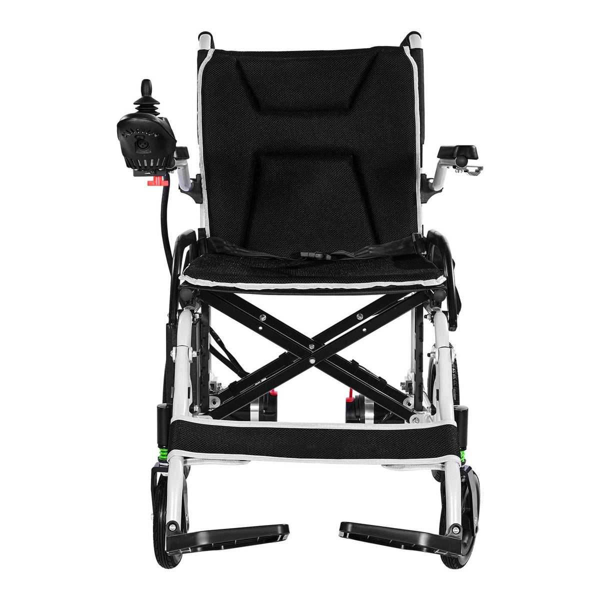 Electric folding mobility wheelchair with black seat and arm controls, front view