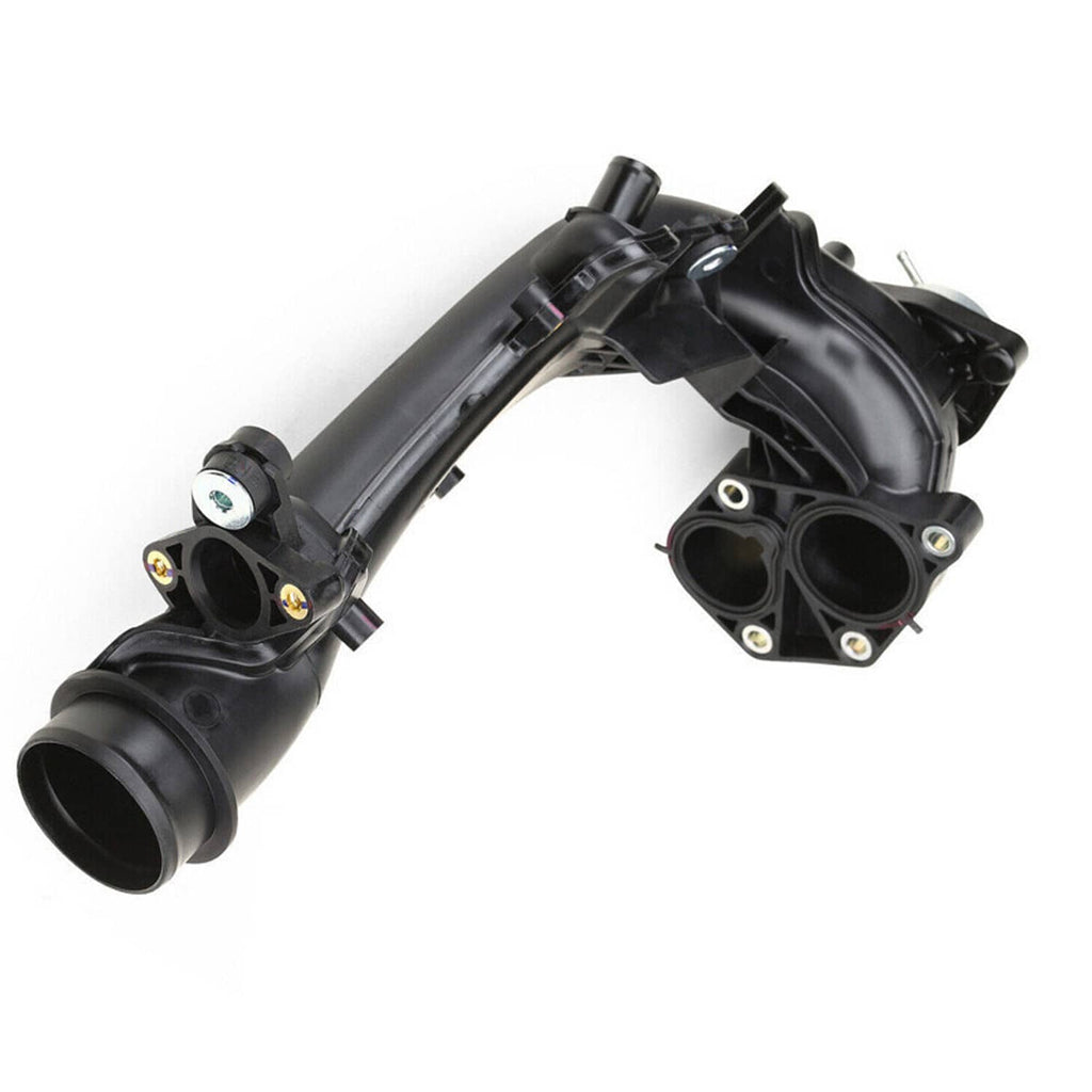Black charge air pipe joint with two outlet ports and metal mounting plate