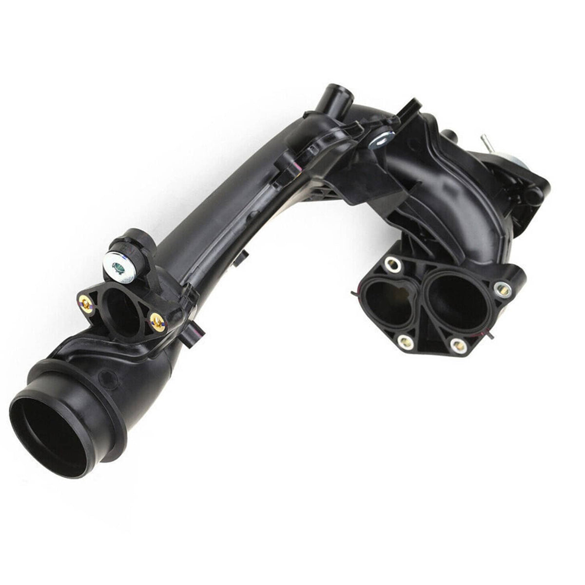 Black charge air pipe joint with two outlet ports and metal mounting plate