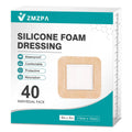 Box of silicone foam dressings, beige square pad shown with white center