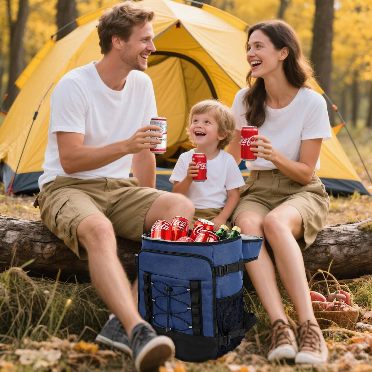 Dark blue cooler backpack on the ground, open top with soda cans and snacks