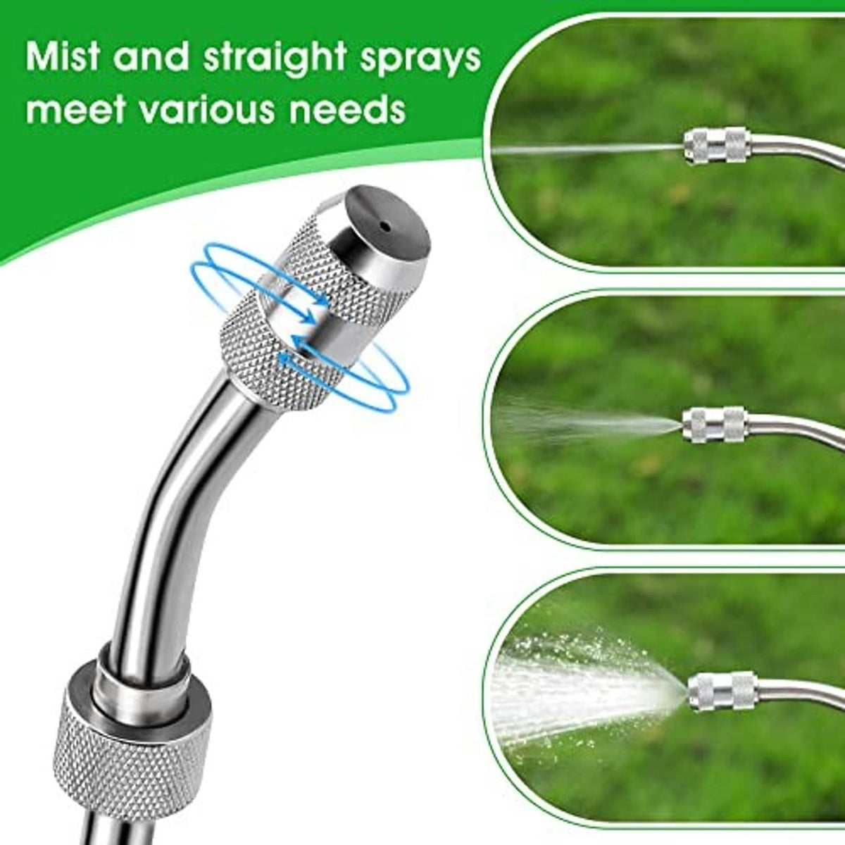Curved metal sprayer wand with threaded spray nozzle tip for garden misting