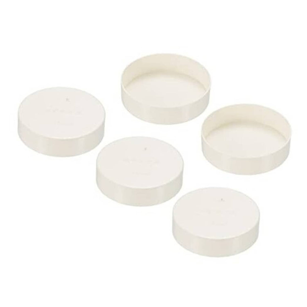 Set of 5 white PVC pipe end cap fittings, round plug couplings for 3-inch pipe