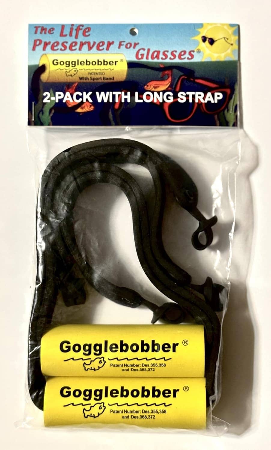 Package showing 2-pack floating glasses retainer with long strap and yellow buoy