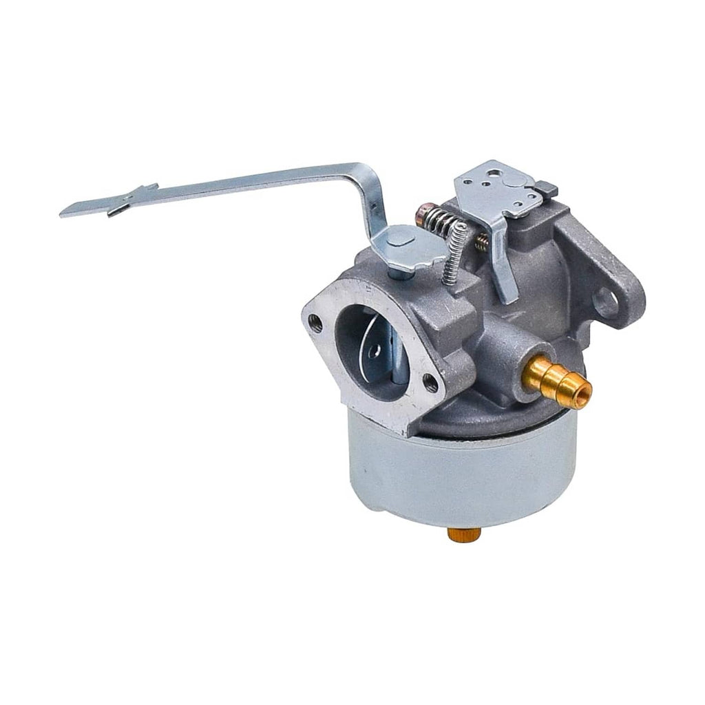 Carburetor with gray housing, black intake, gold fuel fitting, and attached control lever