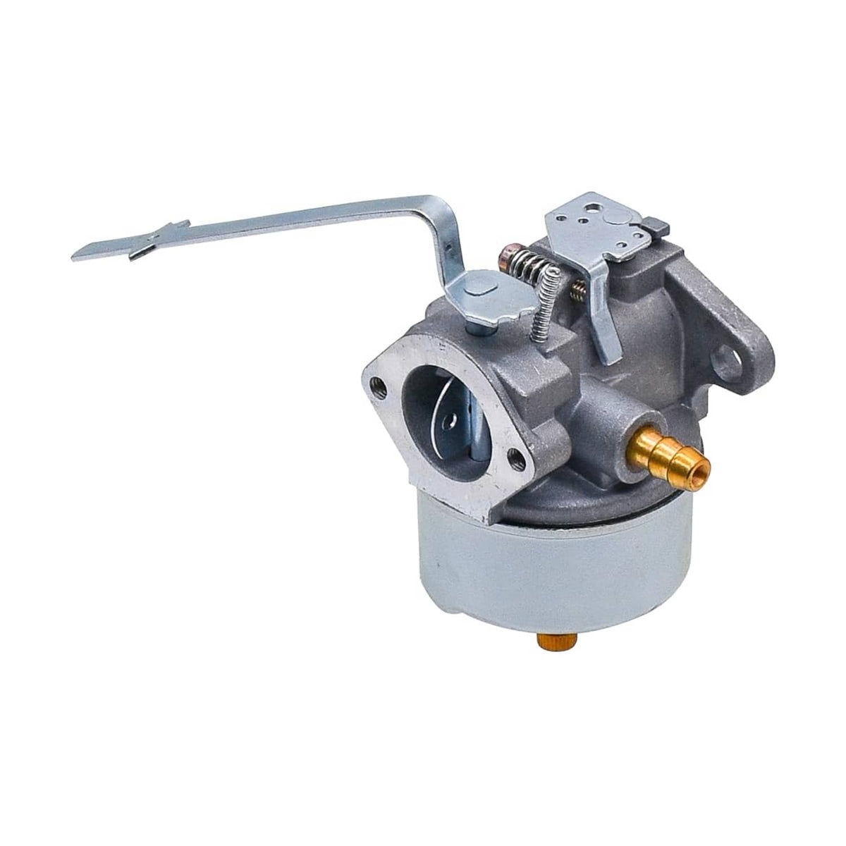 Carburetor with gray housing, black intake, gold fuel fitting, and attached control lever