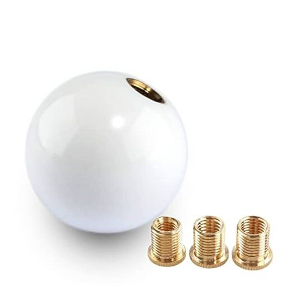 Universal round ball gear shift knob, pure white acrylic with gold threaded inserts