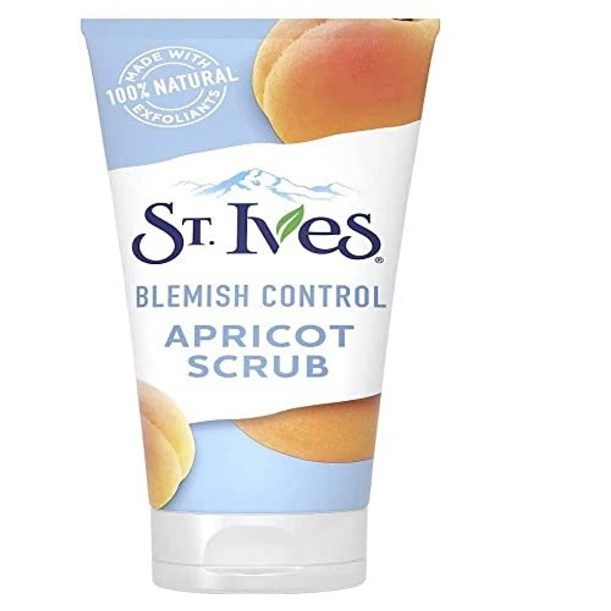 Apricot facial scrub tube with blue cap and St Ives Blemish Control branding