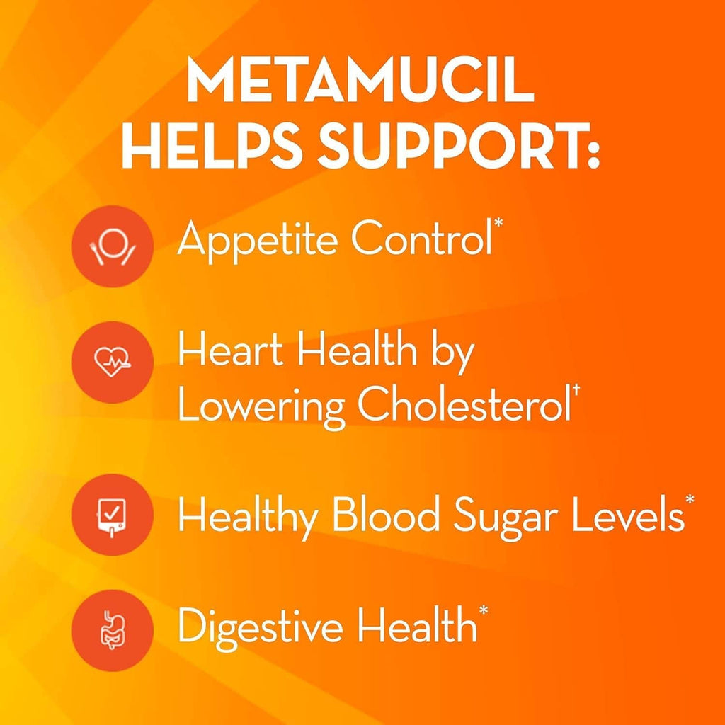 Metamucil fiber supplement label listing benefits for appetite control and heart health