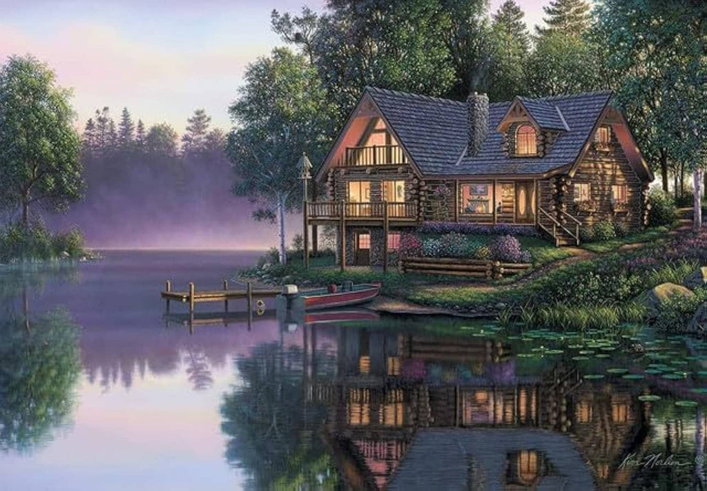 Paint by number landscape canvas of a cabin by a lake with trees and reflection