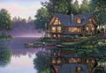 Paint by number landscape canvas of a cabin by a lake with trees and reflection