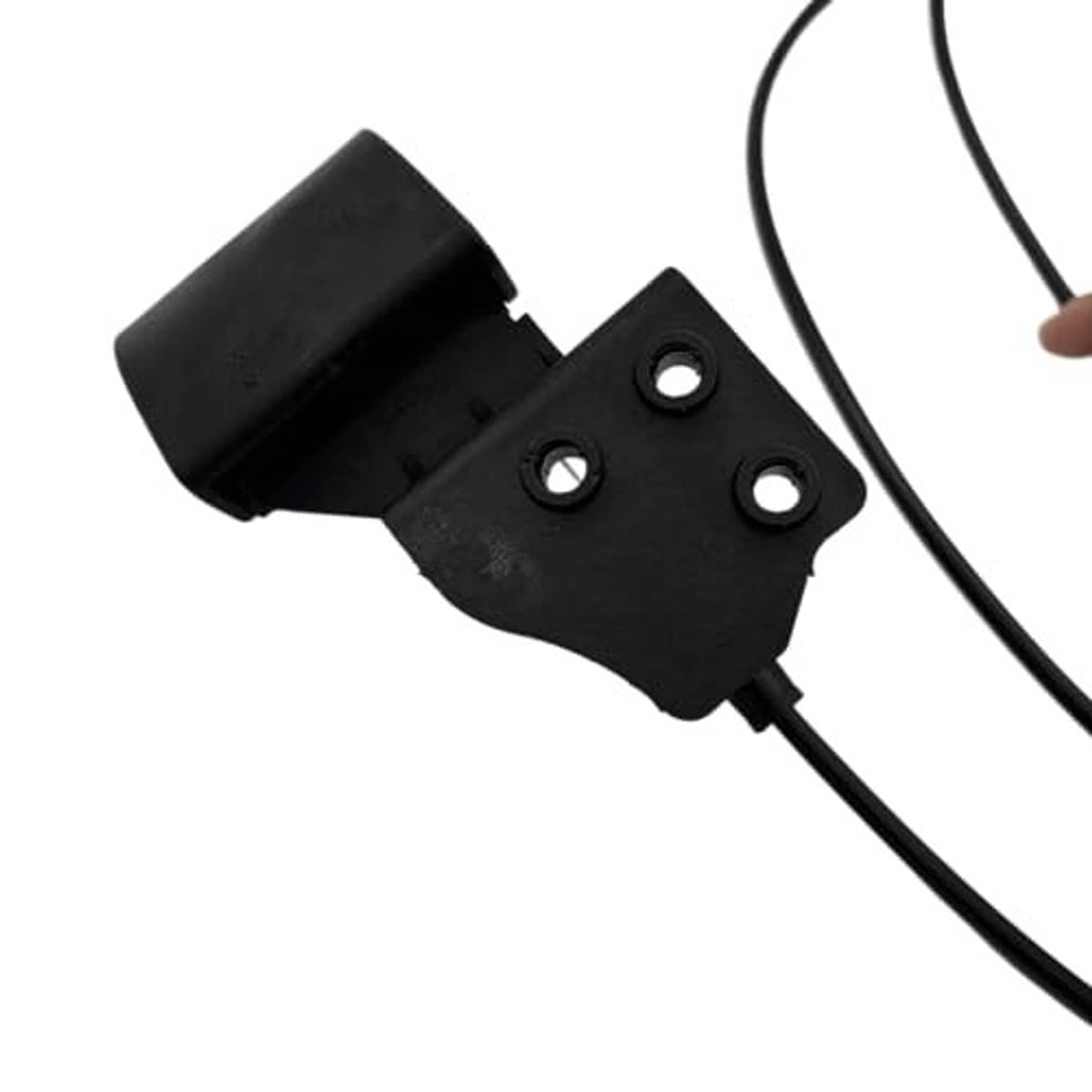Close-up of black hood release actuator bracket with cable connector and holes