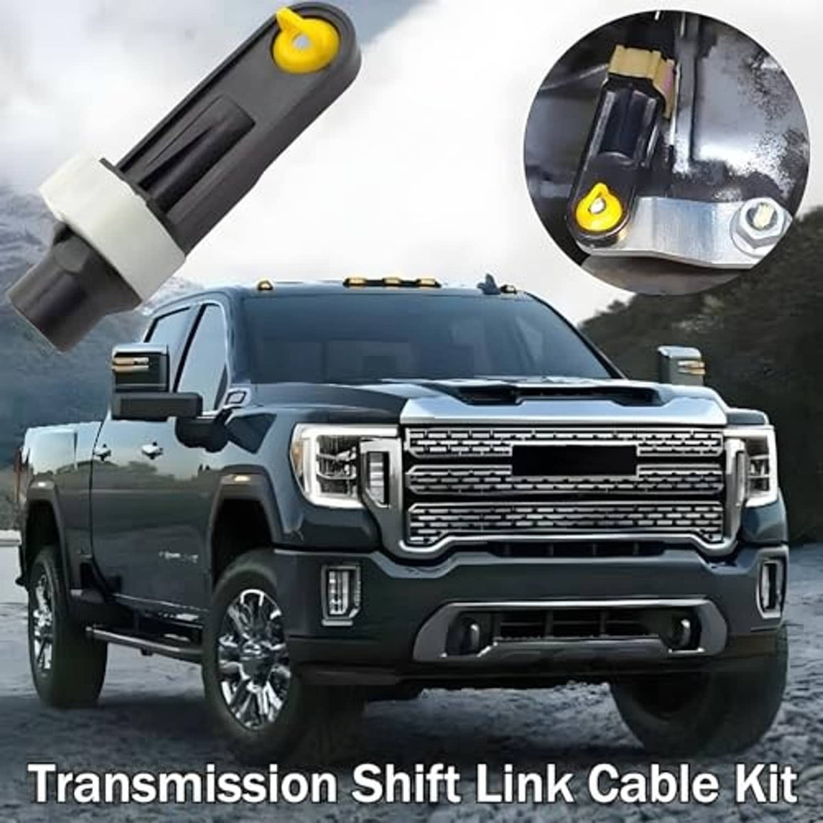 Transmission shift link cable kit with black rod and yellow bushing caps, plus spring