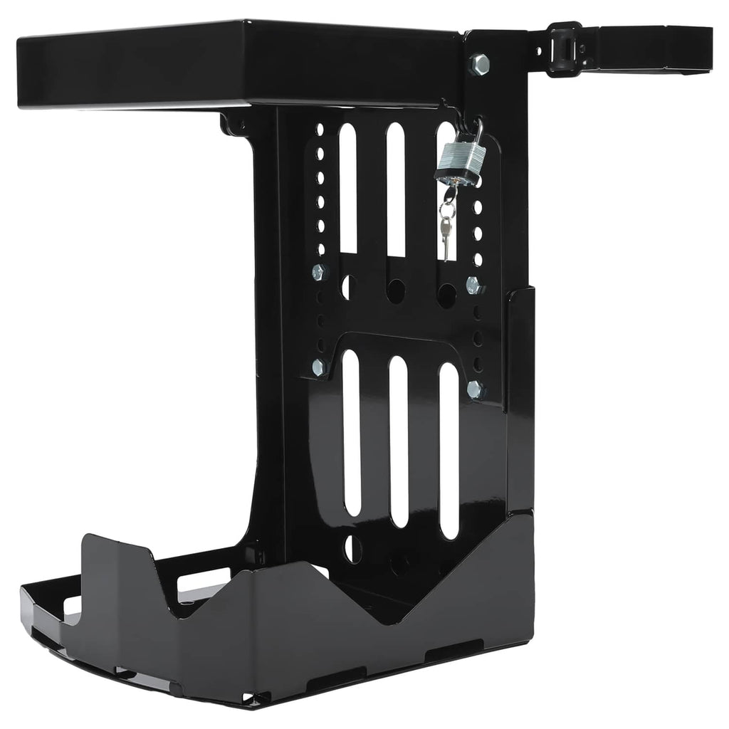 Black adjustable trailer rack mount with side support arms and perforated back plate