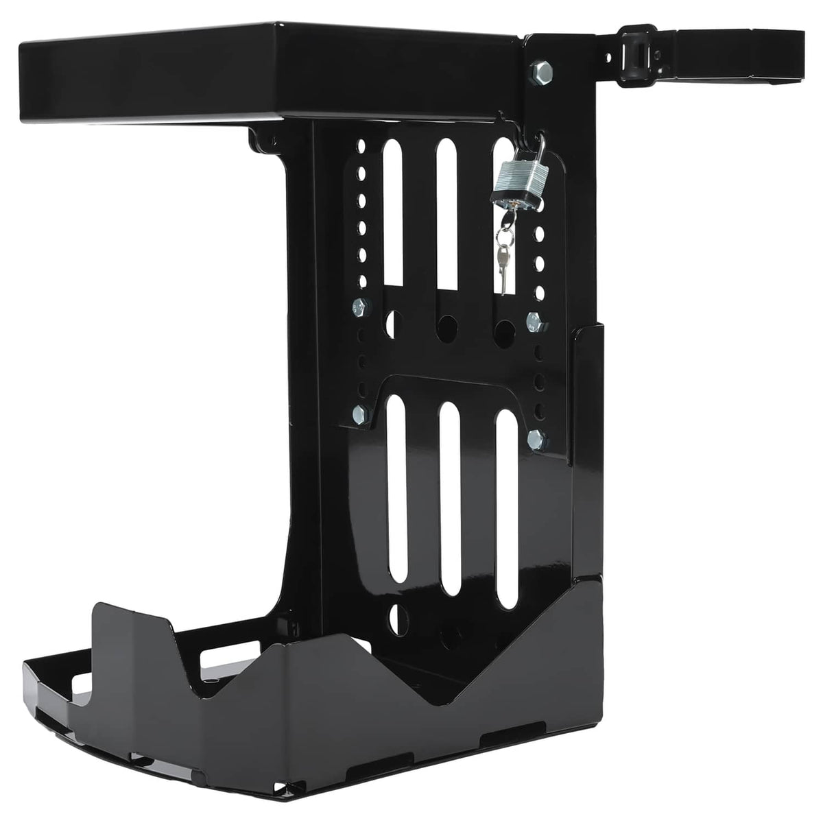Black adjustable trailer rack mount with side support arms and perforated back plate